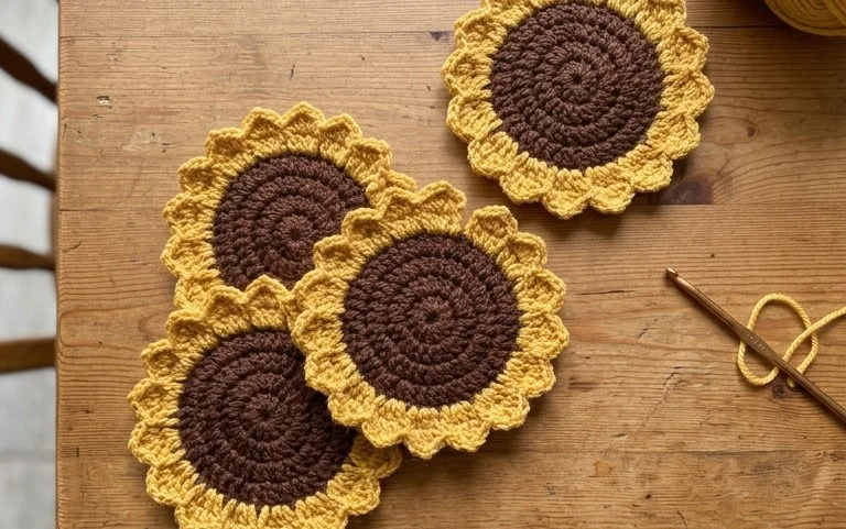 Easy Crochet Sunflower Coasters: Free Beginner Pattern